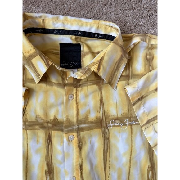 VTG‎ Sean John Men's Yellow Short Sleeve Button Up Logo Shirt Size XXL Collar - Picture 3 of 7